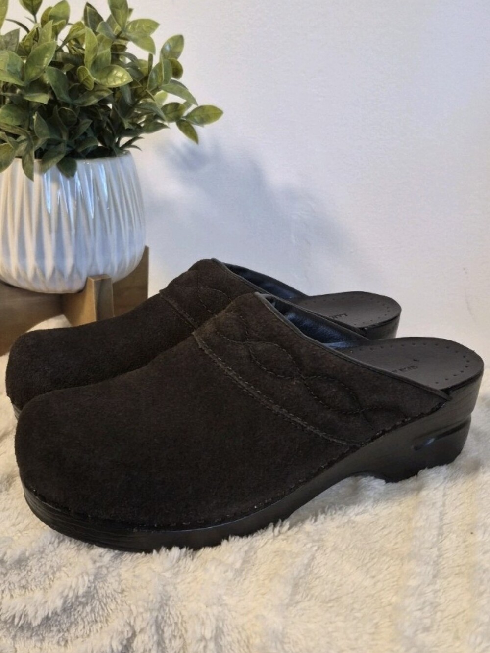 Lands End Suede Clogs Chocolate Brown Leather Slip On Boho Women's Size 9